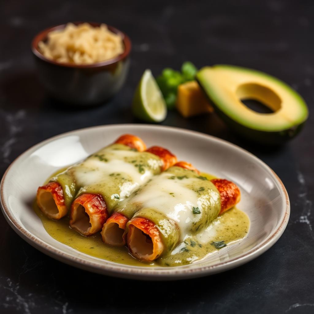 Enchiladas suizas with creamy green sauce and melted cheese
